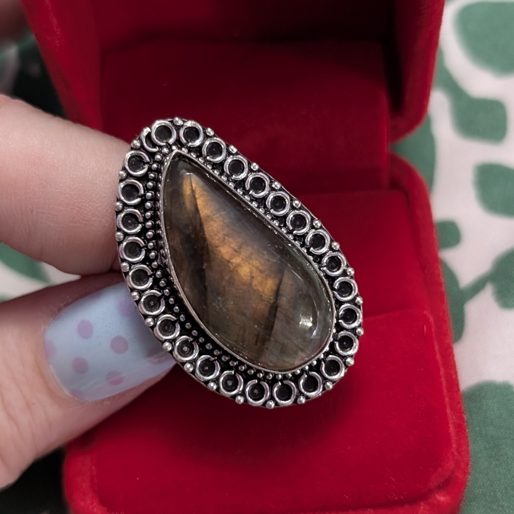 Rare Vintage Orange 🧡 Flash Labradorite Gemstone In 925 Silver Setting SZ 8